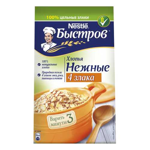 Хлопья овсяные Быстров 4 злака с добавлением ржаных, пшеничных, ячменных хлопьев 350 г в Да