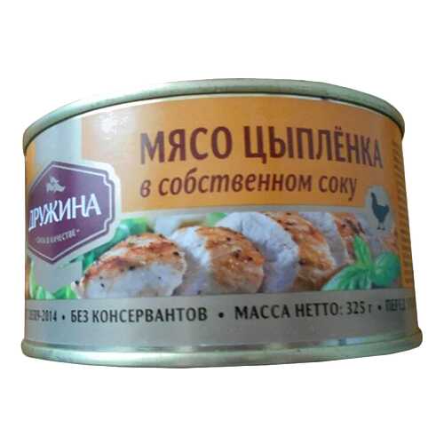 Мясо цыпленка Дружина в собственном соку гост 325 г в Да